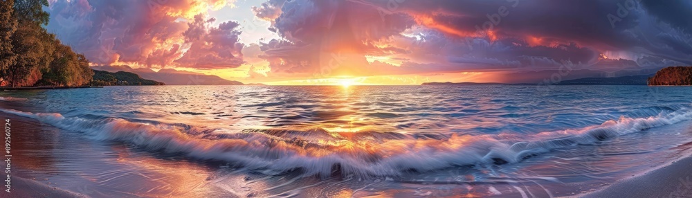 Sunset over a calm lake with gentle waves lapping the shore, illustrating nature's tranquil rhythms Sunset over a calm lake with gentle waves lapping the shore, illustrating nature's tranquil rhythms