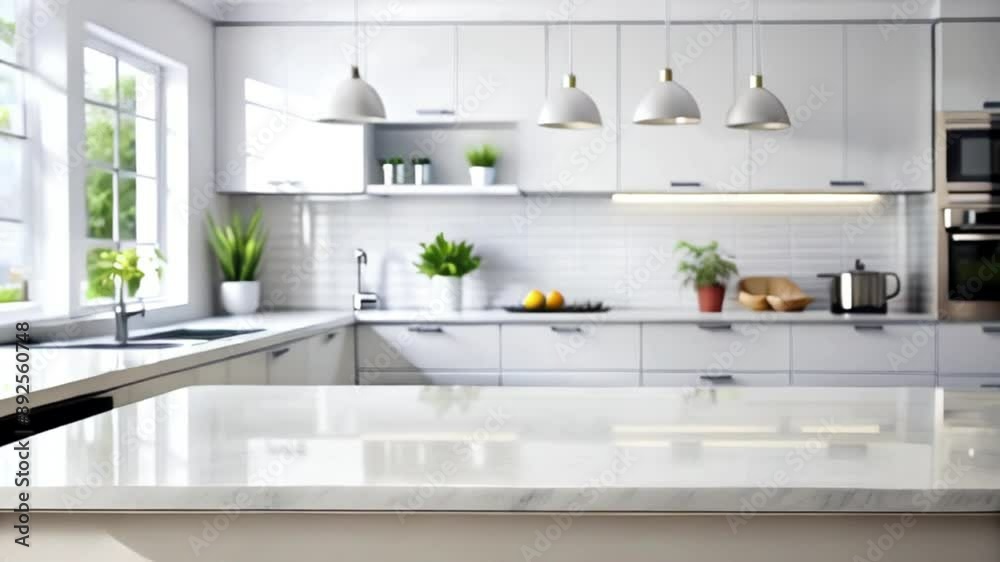  White glossy table top on blur kitchen counter room background .slow moving video.