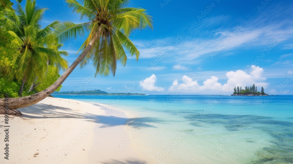 Picturesque beach scene with palm trees, white sand, and distant tropical island Picturesque beach scene with palm trees, white sand, and distant tropical island
