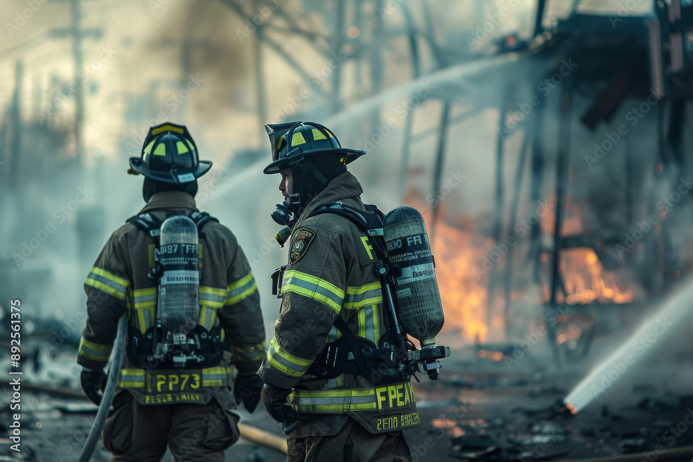 Fototapeta premium Firefighters Responding to Electricity Transformer Explosion Damage.