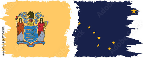 Alaska and New Jersey states grunge brush flags connection, vector