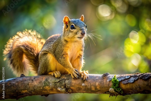 Fox squirrel perched on tree branch in the forest, animal, nature, fluffy, squirrel, wildlife © tammanoon