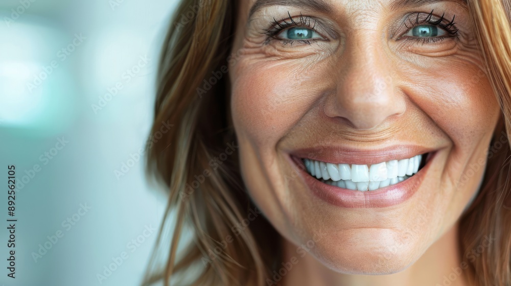 Radiant senior woman with bright smile close up background is clear and clean Radiant senior woman with bright smile close up background is clear and clean