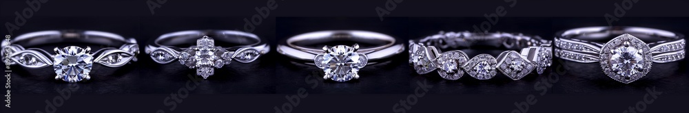 5 different white gold diamond rings, all in the same size and shape with different design styles, all set on a black background 5 different white gold diamond rings, all in the same size and shape with different design styles, all set on a black background