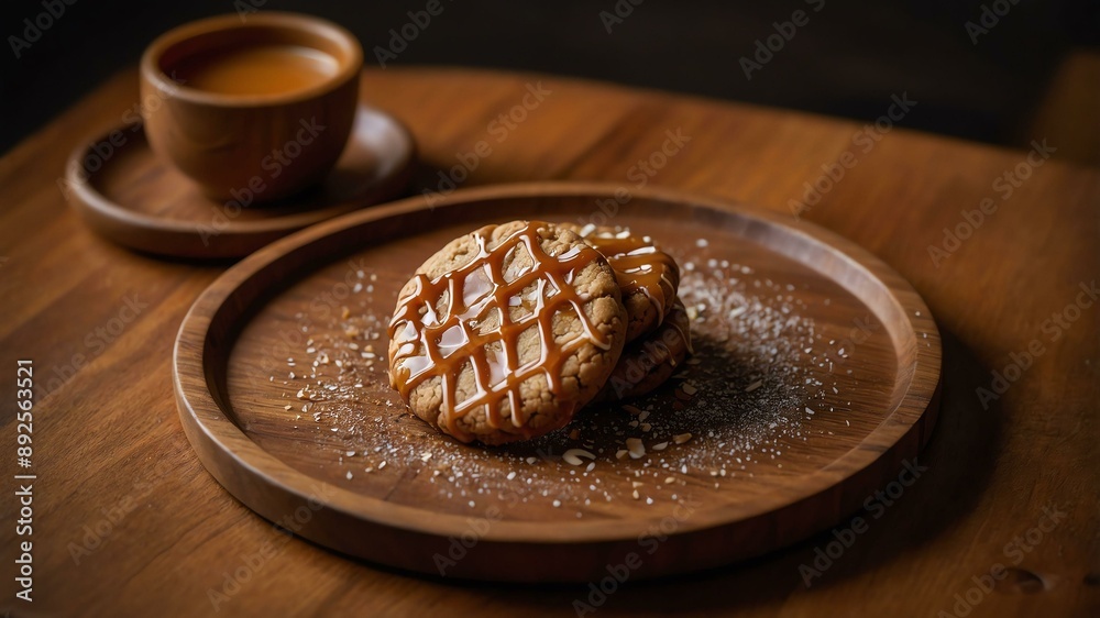 caramel cookie served aesthetically in a wooden plate and table caramel cookie served aesthetically in a wooden plate and table