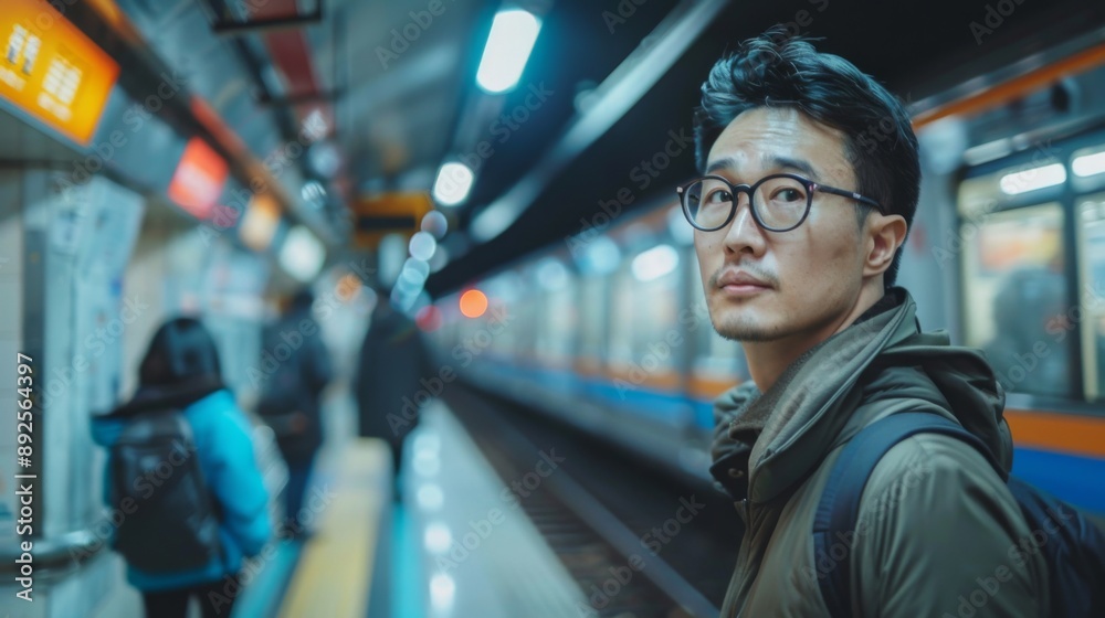 Man Waiting for Train on Subway Platform Man Waiting for Train on Subway Platform