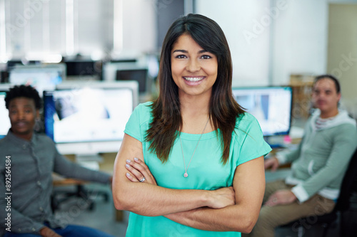 Free Download Portrait, business people and woman with arms crossed, office and smile with confidence. Face, group and employees with leadership, computer and graphic designer with pride, joy and career ambition - GFXLoad