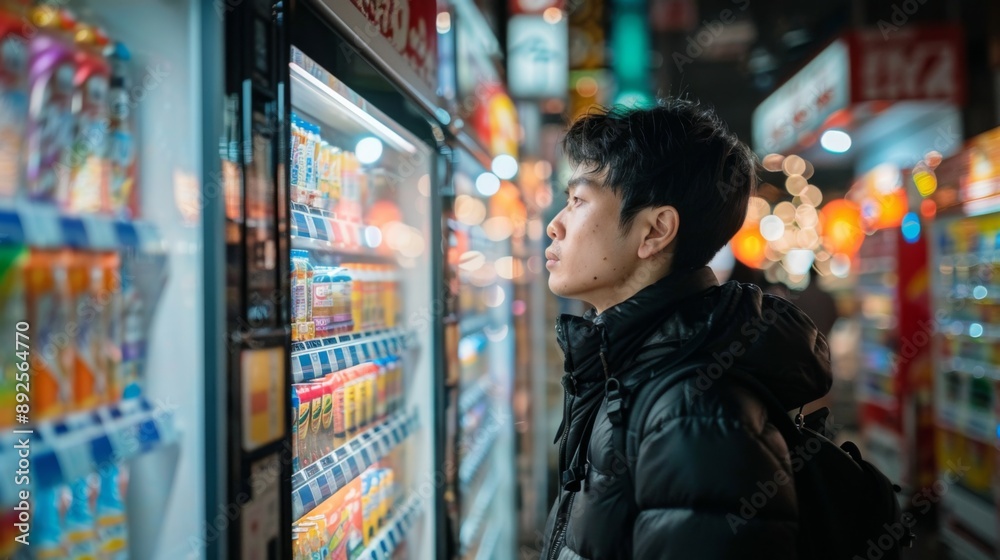 Man Shopping at Vending Machine at Night Man Shopping at Vending Machine at Night