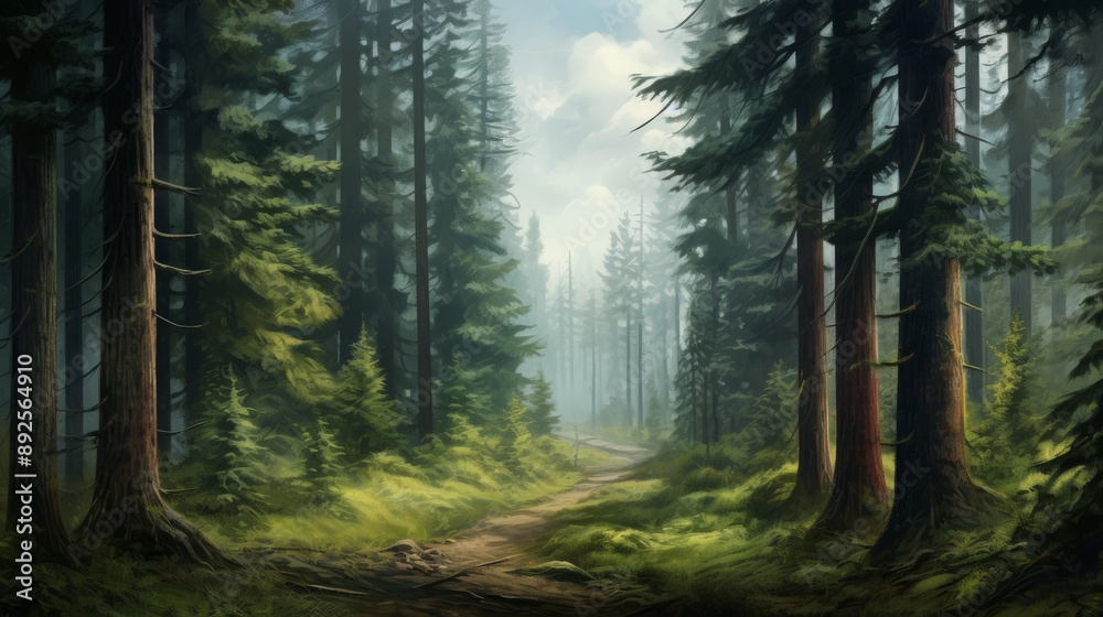 Fototapeta premium Serene forest landscape with spruce, fir, and pine trees, soft light, lush greenery