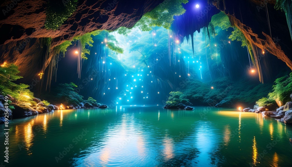 Fototapeta premium Lush cave with fireflies