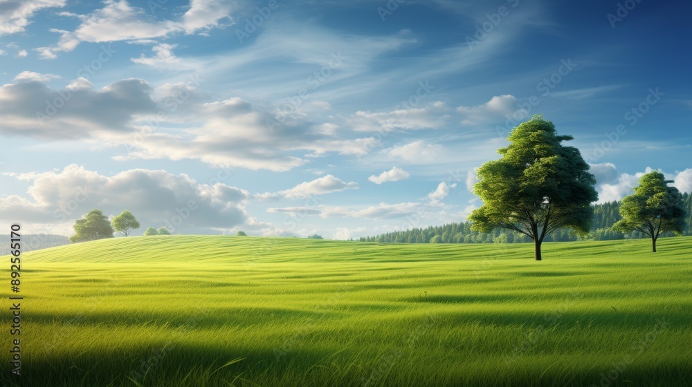 Serene grassy meadow with a distant tree line and soft sunlight Serene grassy meadow with a distant tree line and soft sunlight