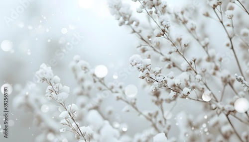 Delicate flowers covered in snow, creating a serene winter wonderland with soft bokeh lights in the background.