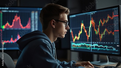 Trader analyst looking at computer monitor, investor broker analyzing indexes, financial chart trading online investment data on cryptocurrency stock market graph on pc screen.