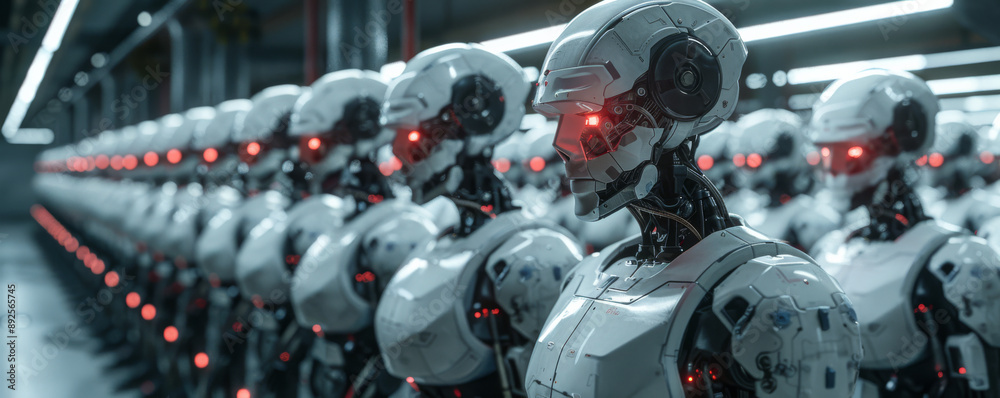 Fototapeta premium Futuristic Factory Scene Depicting Human Labor Under Robot Supervision