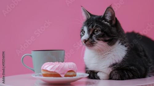 Cat tea time with donut on pink background photo