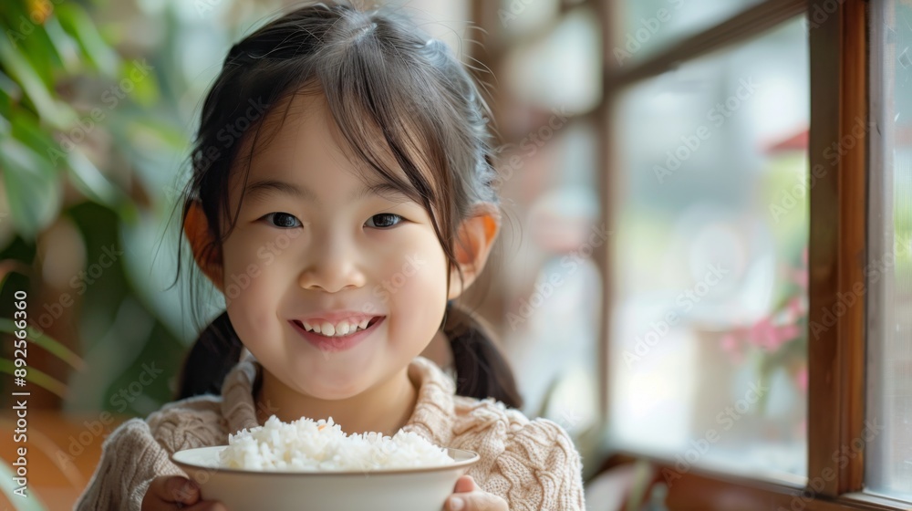 Smiling girl holding bowl of rice Smiling girl holding bowl of rice