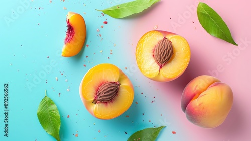 Floating peach fruit with a half slice and green leaves, isolated on a colorful background, perfect for summer