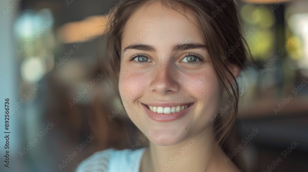 Smiling Caucasian woman with a positive expression and neat hair background is clear and clean Smiling Caucasian woman with a positive expression and neat hair background is clear and clean