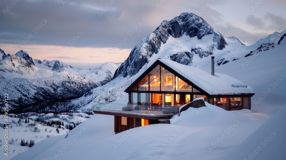 Fototapeta premium A beautifully designed modern cabin located in a snow-covered mountain landscape, radiating warmth and comfort amidst the cold, evoking a sense of paradise and tranquility.