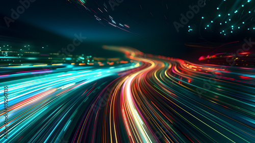 Futuristic data stream with dynamic light trails in vibrant blue green and red colors flowing towards the horizon on a dark high tech background  The lines create a sense of motion and energy photo