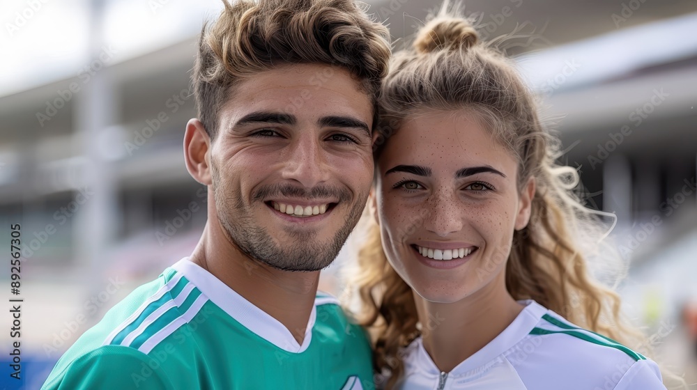 A man and woman with radiant smiles in sports attire, capturing a moment of joy and companionship outdoors, suggesting a healthy and active lifestyle embraced together. A man and woman with radiant smiles in sports attire, capturing a moment of joy and companionship outdoors, suggesting a healthy and active lifestyle embraced together.