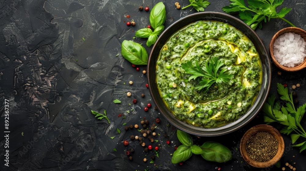 A bowl of green soup with a sprig of parsley on top. The bowl is on a table with a black background A bowl of green soup with a sprig of parsley on top. The bowl is on a table with a black background