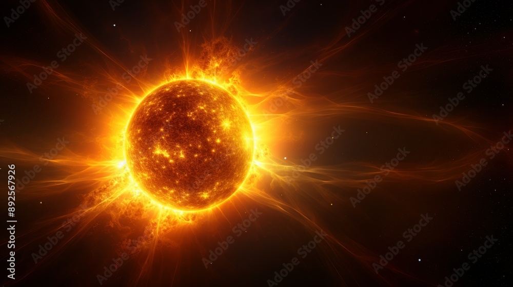 Space view of sun, dark space backdrop, radiant sun, solar flares