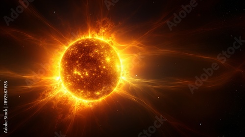 Space view of sun, dark space backdrop, radiant sun, solar flares