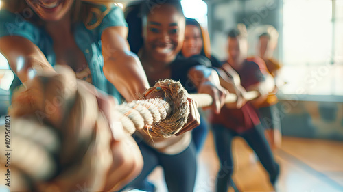 Diverse Team Competing in Tug of War