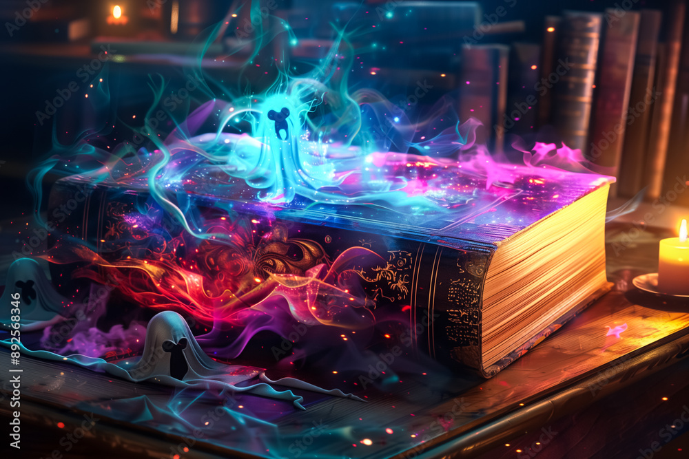 Colorful Halloween illustration, ghosts protecting an old book. Colorful Halloween illustration, ghosts protecting an old book.