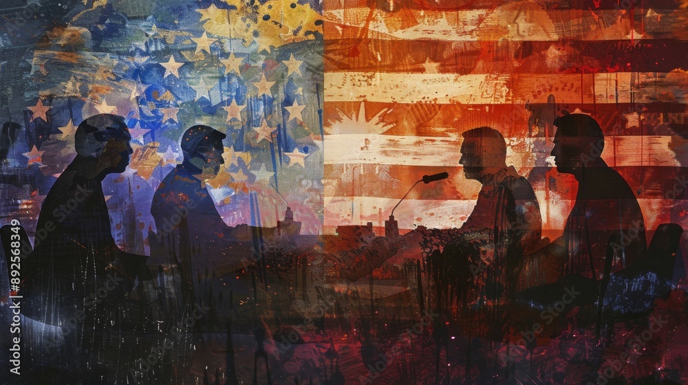 Obraz premium American Politics Silhouettes Against Flag Background - A group of four silhouettes of men sit at a table, facing each other, against a background of an American flag. They are discussing something se
