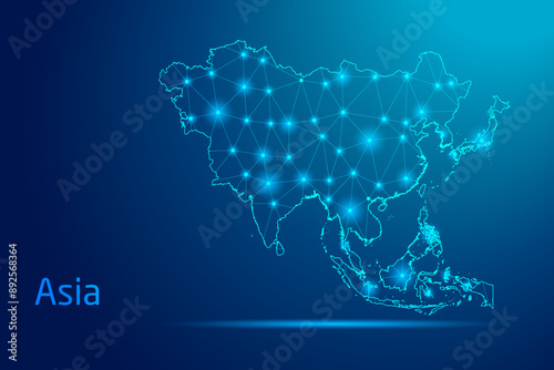 Asia map - concept of communication technology, graphic of low poly.
