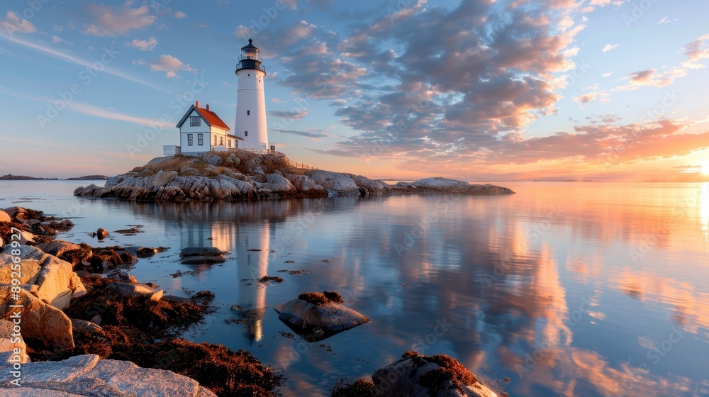 Naklejka premium A picturesque lighthouse standing on a rocky island reflected in the calm waters at sunset, contrasted by a gentle, colorful sky. Ideal for serene, picturesque landscape enthusiasts.
