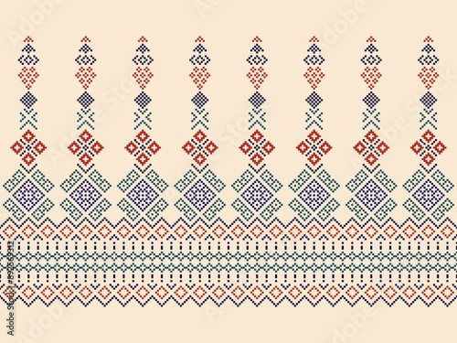 Cross Stitch. Geometric ethnic patterns. Design for Clothing, Fabric, batik, Saree, Patola, Sari, Dupatta, Vyshyvanka, rushnyk, dupatta, Knitwear, Embroidery, Ikkat, Pixel pattern. Traditional Design.
