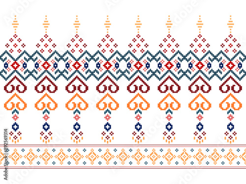 Cross Stitch. Geometric ethnic patterns. Design for Clothing, Fabric, batik, Saree, Patola, Sari, Dupatta, Vyshyvanka, rushnyk, dupatta, Knitwear, Embroidery, Ikkat, Pixel pattern. Traditional Design.