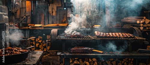 Smoked Meat Ribs and Brisket on a Charcoal Grill photo