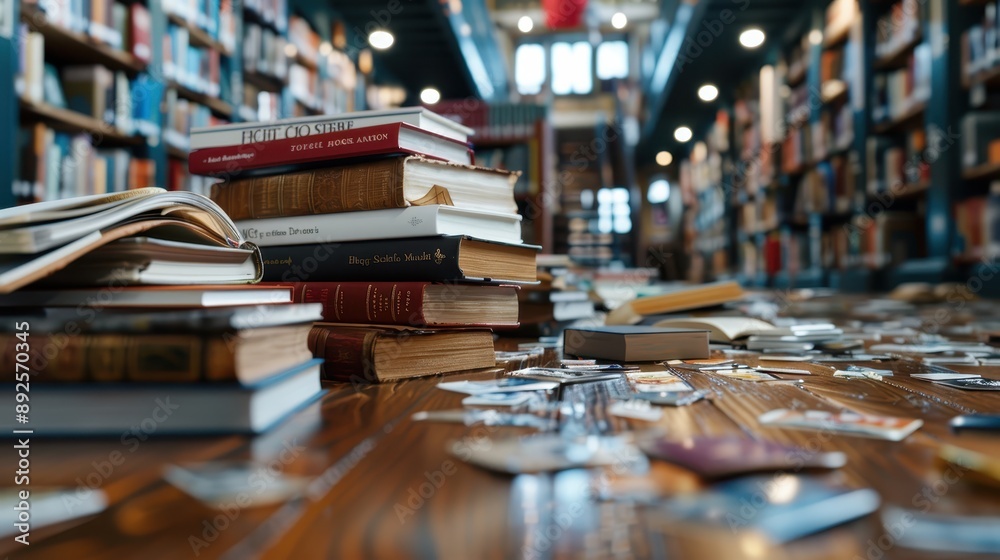 A large wooden library table covered with stacks of books, open pages, and scattered papers, creating a busy and scholarly atmosphere in a well-stocked library. A large wooden library table covered with stacks of books, open pages, and scattered papers, creating a busy and scholarly atmosphere in a well-stocked library.
