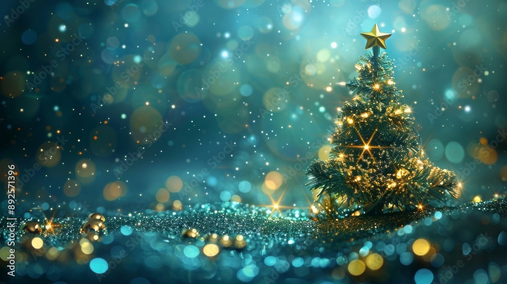 Naklejka premium Festive Christmas Tree with Lights and Bokeh Background