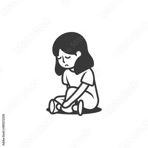 very sad little girl sitting alone minimalist line art icon logo symbol 