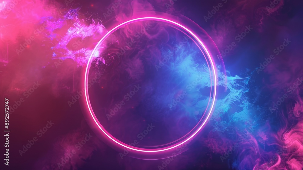 Obraz premium Abstract neon background with glowing circular shape and spinning cloud. Blank geometric frame