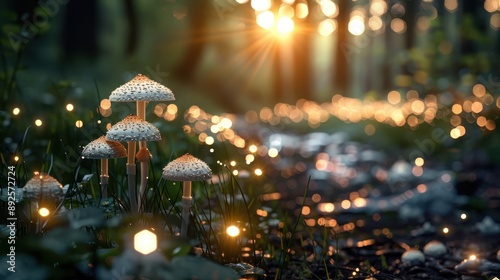 A picturesque scene of glowing mushrooms on the forest floor, bathed in the golden light of sunrise, capturing the ethereal beauty and serene atmosphere of the woods.