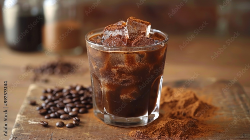 Iced Coffee with Ice Cubes and Coffee Beans on Rustic Surface Iced Coffee with Ice Cubes and Coffee Beans on Rustic Surface