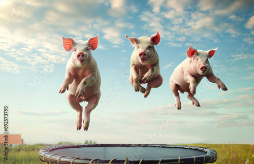 Three pigs jumping on trampoline. Ai generative art