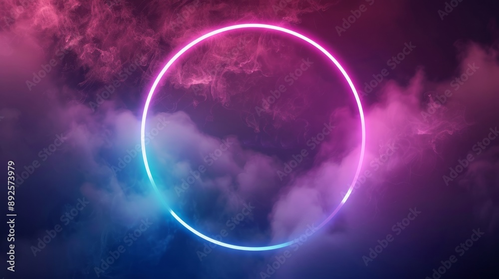 Abstract neon background with glowing circular shape and spinning cloud. Blank geometric frame