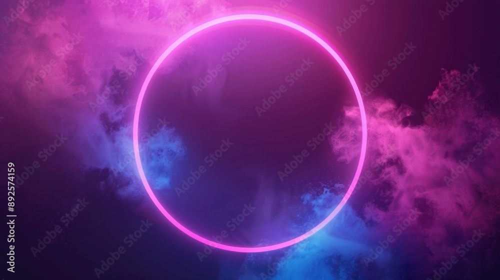 Obraz premium Abstract neon background with glowing circular shape and spinning cloud. Blank geometric frame