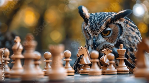 An owl focused intently on a chess game, set in an outdoor environment, symbolizing wisdom, strategy, and contemplation, creating a surreal and thought-provoking scene. photo