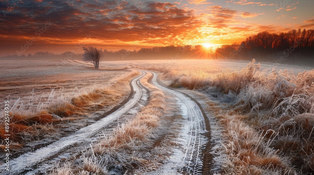A road in the snow with a tree in the background. The sun is setting and the sky is orange