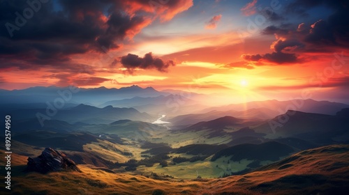 Sunset casting a warm glow on a vast mountain panorama