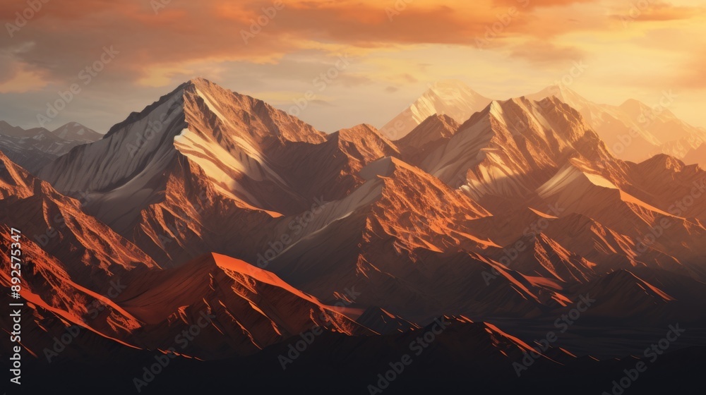 Naklejka premium Sunset over mountain peaks with warm light casting long shadows