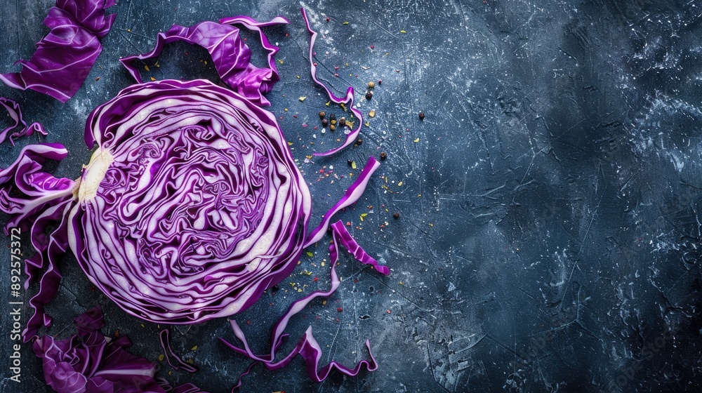 Obraz premium Red cabbage on black table top view Text space